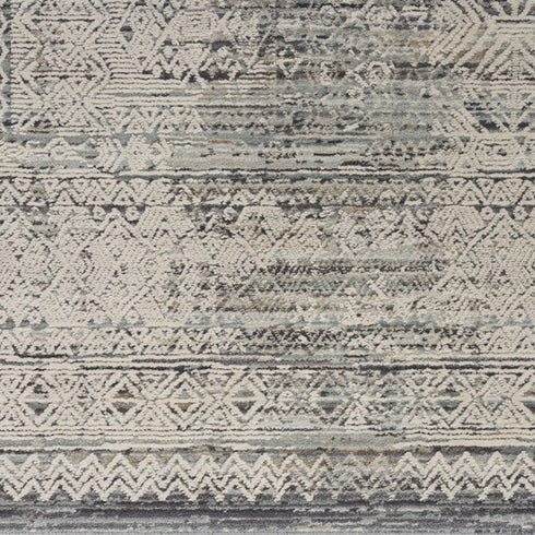 8' Ivory And Blue Geometric Distressed Runner Rug With Fringe