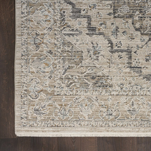 5' X 8' Ivory Black And Taupe Medallion Distressed Area Rug With Fringe