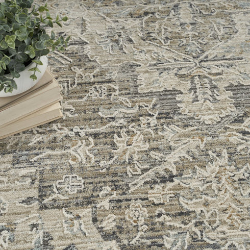 5' X 8' Ivory Black And Taupe Medallion Distressed Area Rug With Fringe