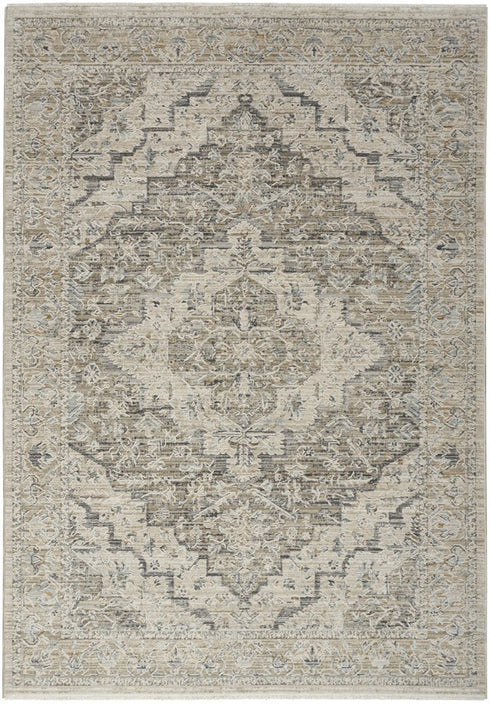5' X 8' Ivory Black And Taupe Medallion Distressed Area Rug With Fringe