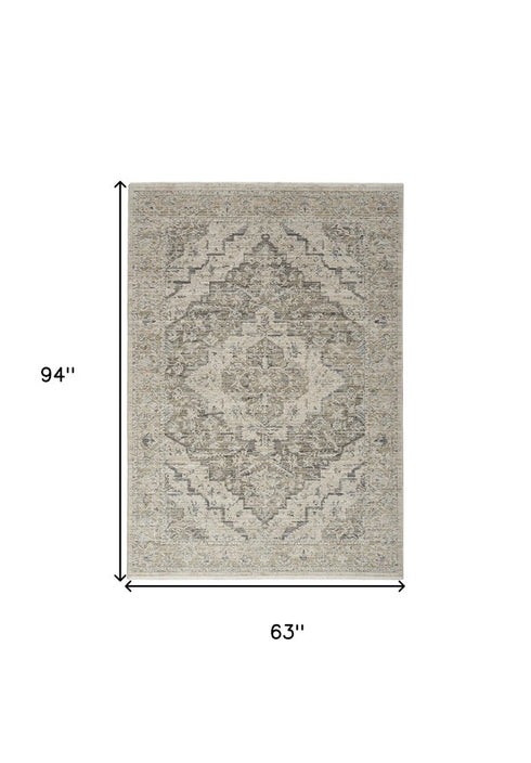 5' X 8' Ivory Black And Taupe Medallion Distressed Area Rug With Fringe