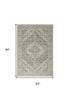 5' X 8' Ivory Black And Taupe Medallion Distressed Area Rug With Fringe