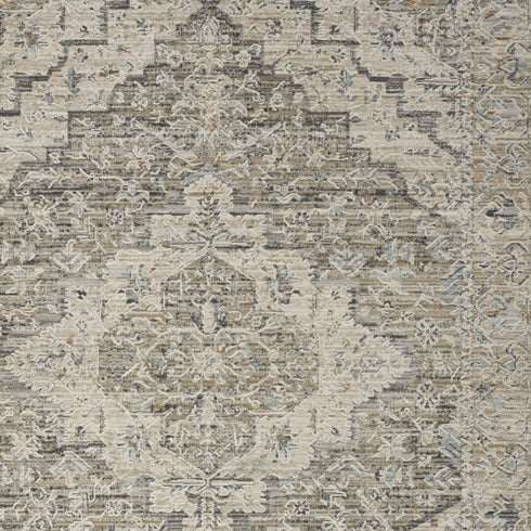 5' X 8' Ivory Black And Taupe Medallion Distressed Area Rug With Fringe