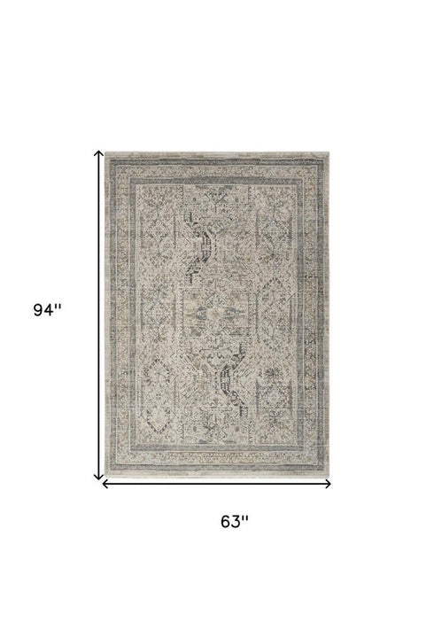 5' X 8' Ivory And Gray Medallion Distressed Area Rug With Fringe