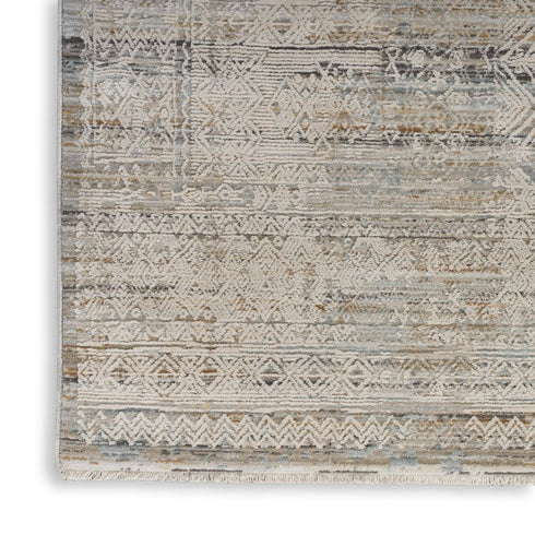 8' X 10' Ivory Brown And Gray Geometric Distressed Area Rug With Fringe