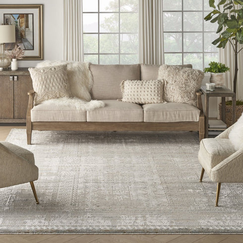 8' X 10' Ivory Brown And Gray Geometric Distressed Area Rug With Fringe