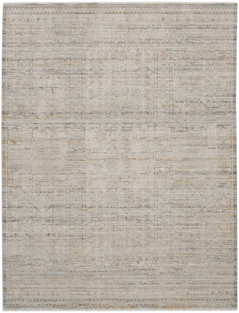 8' X 10' Ivory Brown And Gray Geometric Distressed Area Rug With Fringe