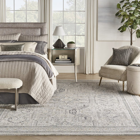 8' X 10' Ivory And Gray Oriental Distressed Area Rug With Fringe