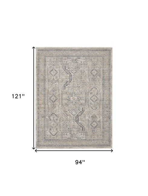 8' X 10' Ivory And Gray Oriental Distressed Area Rug With Fringe