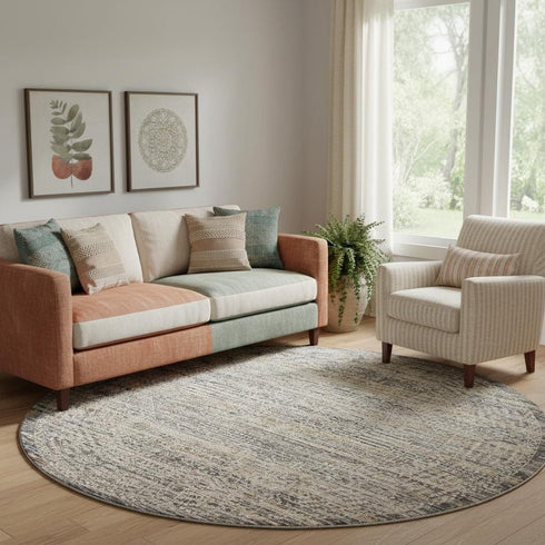 8' Ivory And Slate Gray Oriental Distressed Round Rug With Fringe