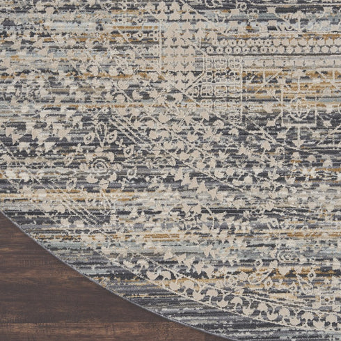 8' Ivory And Slate Gray Oriental Distressed Round Rug With Fringe