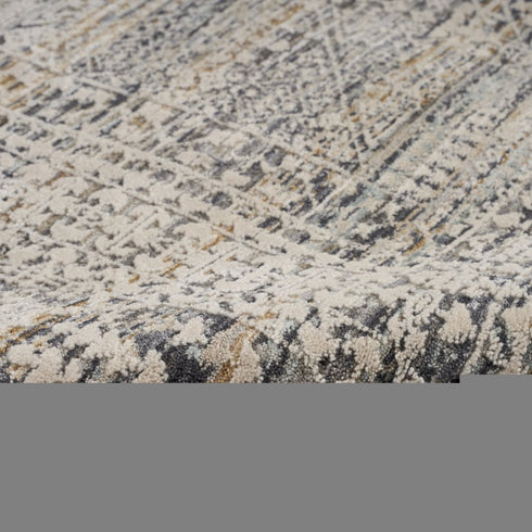 8' Ivory And Slate Gray Oriental Distressed Round Rug With Fringe