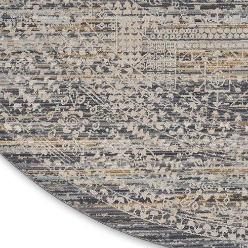 8' Ivory And Slate Gray Oriental Distressed Round Rug With Fringe