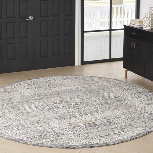 8' Ivory And Slate Gray Oriental Distressed Round Rug With Fringe