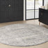 8' Ivory And Slate Gray Oriental Distressed Round Rug With Fringe