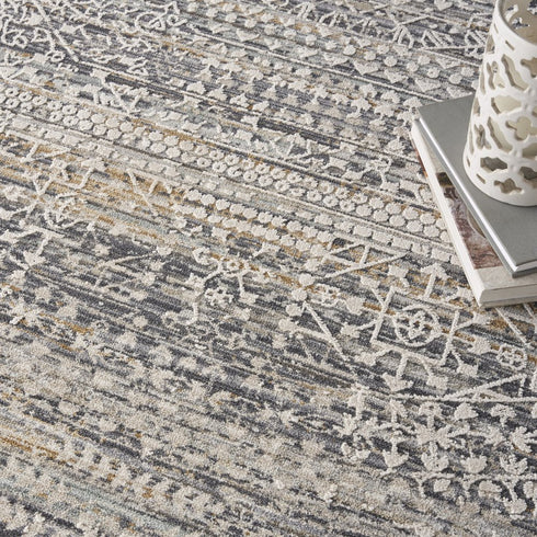 8' Ivory And Slate Gray Oriental Distressed Round Rug With Fringe