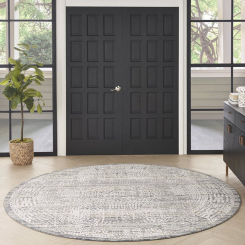 8' Ivory And Slate Gray Oriental Distressed Round Rug With Fringe