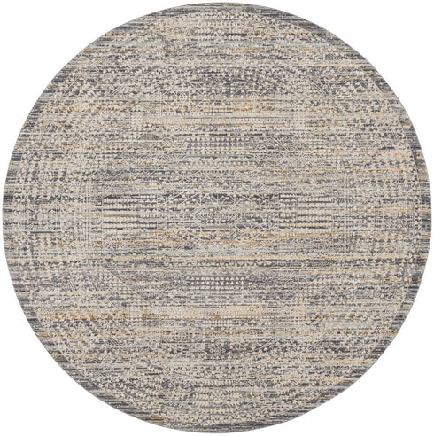 8' Ivory And Slate Gray Oriental Distressed Round Rug With Fringe