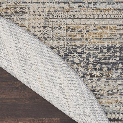 8' Ivory And Slate Gray Oriental Distressed Round Rug With Fringe