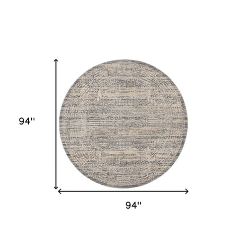 8' Ivory And Slate Gray Oriental Distressed Round Rug With Fringe