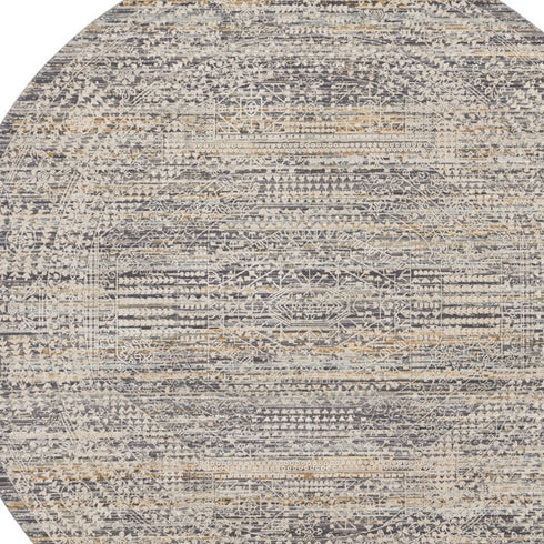 8' Ivory And Slate Gray Oriental Distressed Round Rug With Fringe