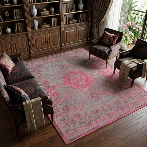 9' X 13' Gray and Pink Medallion Non Skid Area Rug