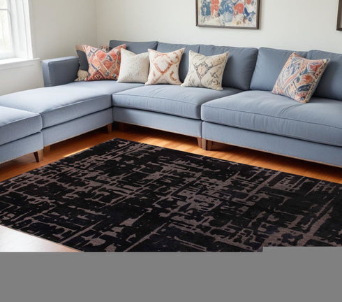 9' X 13' Black And Gray Abstract Washable Area Rug