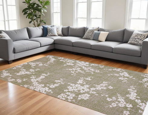 9' X 13' Green And White Oriental Washable Area Rug