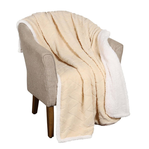 Queen Cream Geometric Fleece Woven Plush Blanket