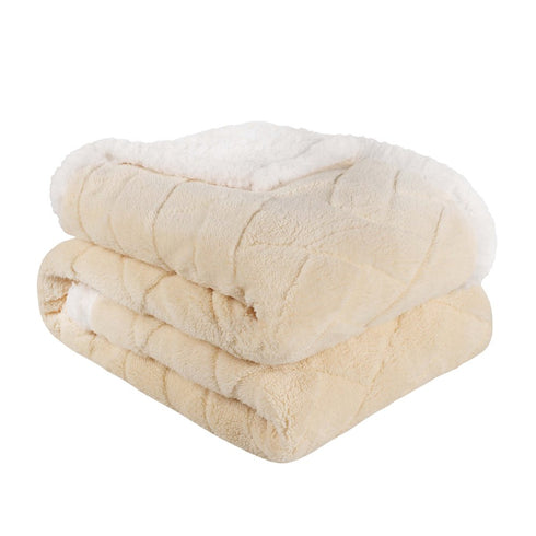 Queen Cream Geometric Fleece Woven Plush Blanket