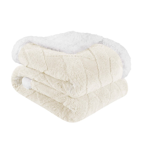 Queen Ivory Geometric Fleece Woven Plush Blanket