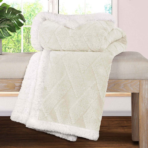 Queen Ivory Geometric Fleece Woven Plush Blanket