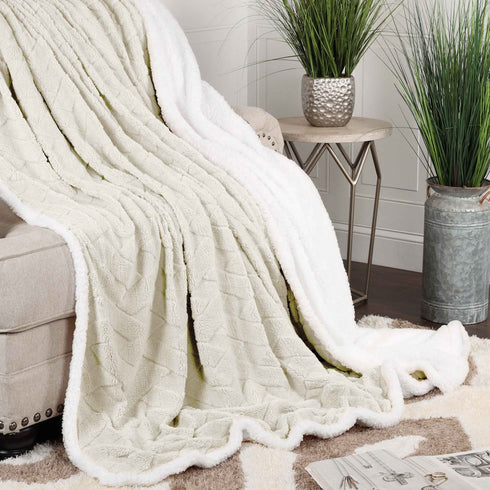 Queen Ivory Geometric Fleece Woven Plush Blanket