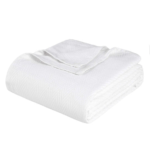 Queen White Cotton Woven Chevron Blanket