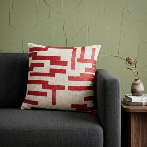 24" Red and Ivory Geometric Cotton Blend Throw Pillow With Embroidery