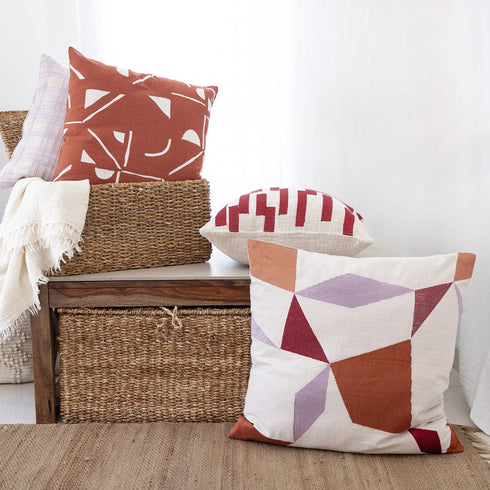 24" Red and Ivory Geometric Cotton Blend Throw Pillow With Embroidery