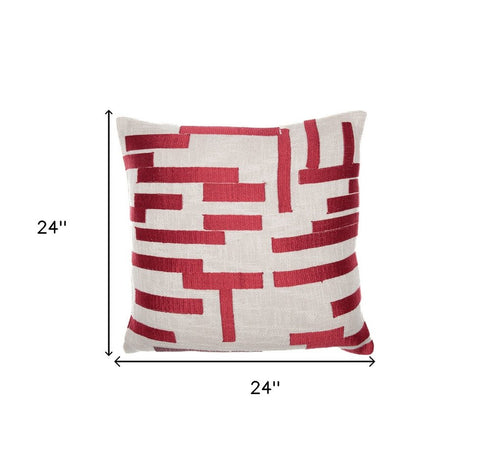 24" Red and Ivory Geometric Cotton Blend Throw Pillow With Embroidery