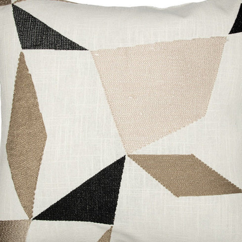 24" Taupe and Ivory Geometric Cotton Blend Throw Pillow With Embroidery