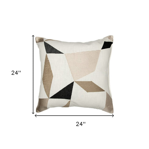 24" Taupe and Ivory Geometric Cotton Blend Throw Pillow With Embroidery