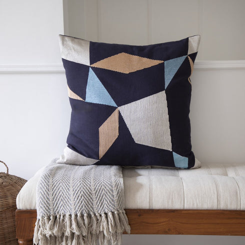 20" Blue and Beige Geometric Cotton Blend Throw Pillow With Embroidery