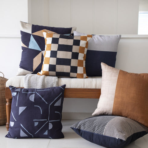 20" Blue and Beige Geometric Cotton Blend Throw Pillow With Embroidery