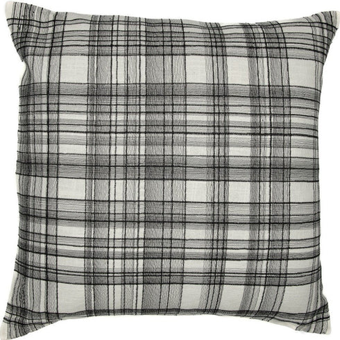 24" White and Black Check Cotton Blend Throw Pillow With Embroidery