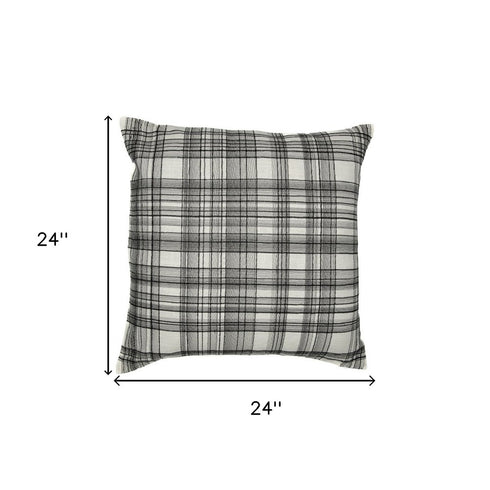 24" White and Black Check Cotton Blend Throw Pillow With Embroidery