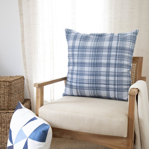 24" Blue Check Cotton Blend Throw Pillow With Embroidery