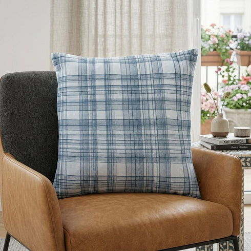24" Blue Check Cotton Blend Throw Pillow With Embroidery