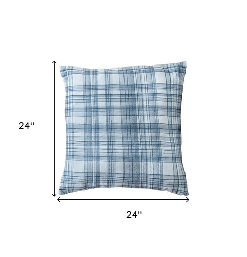 24" Blue Check Cotton Blend Throw Pillow With Embroidery