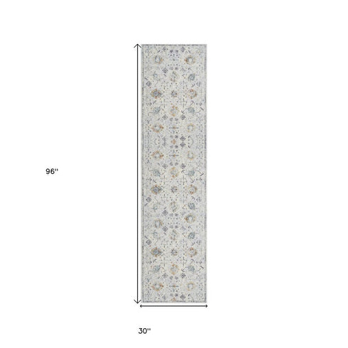 8' Ivory And Blue Floral Runner Rug