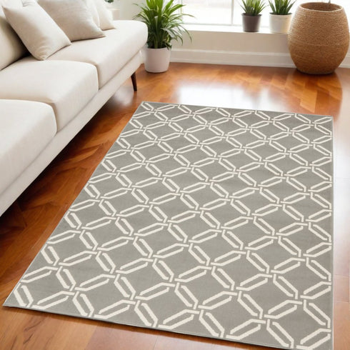 5' X 7' Gray and Ivory Trellis Non Skid Area Rug