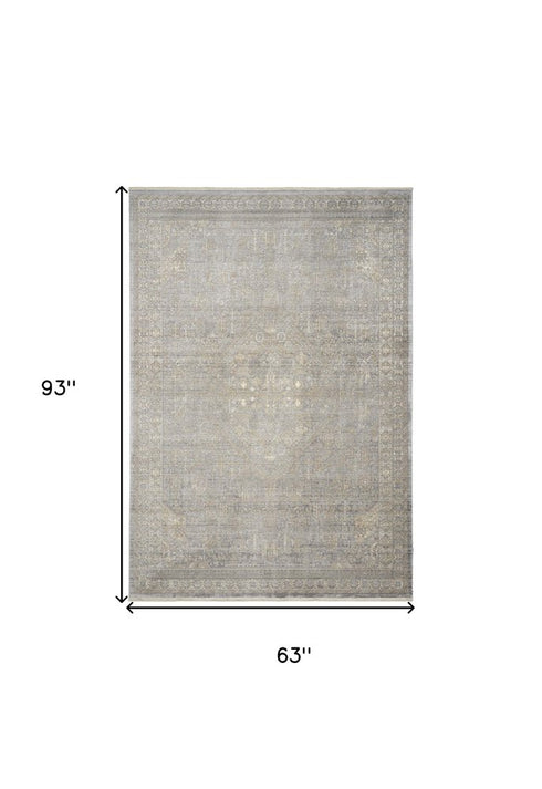 5' X 8' Gray And Beige Floral Non Skid Area Rug With Fringe