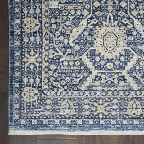5' X 8' Blue And Cream Floral Non Skid Area Rug With Fringe
